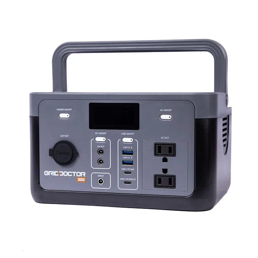 The Grid Doctor 300 portable power station, showing its folding carry handle, status display and the AC, USB and 12V outputs across the front panel