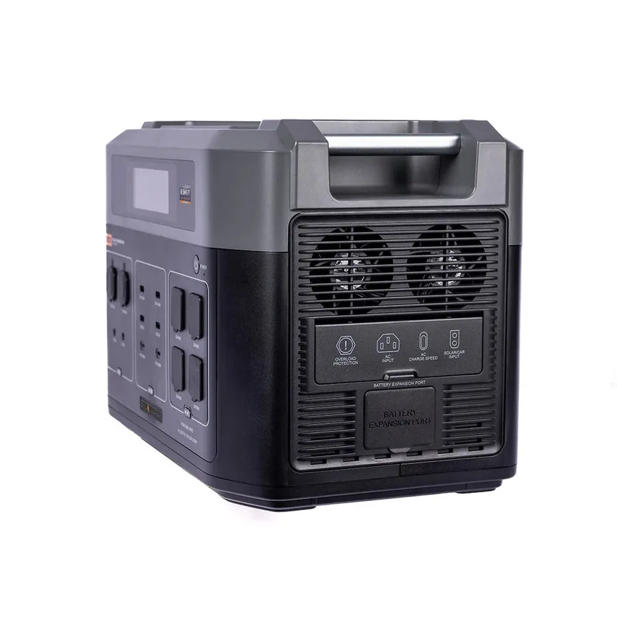 The Grid Doctor 3300 Solar Generator System seen from the front right, showing the twin cooling fans, the output port panel and the battery expansion port on the side