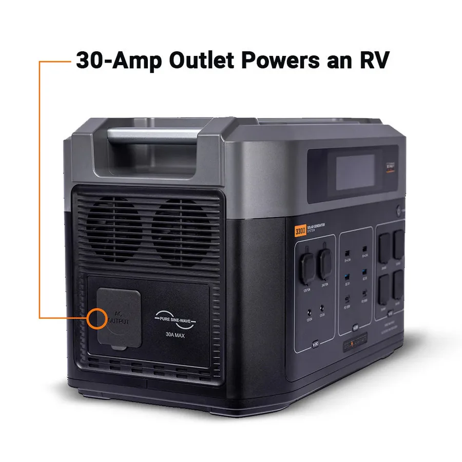 The Grid Doctor 3300 with the manufacturer's callout pointing to its AC output, labelled pure sine-wave, 30A max