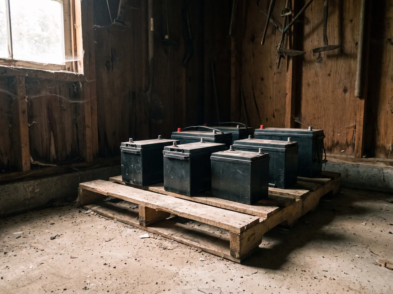 Deep cycle batteries standing in a row on a wooden pallet in a storage shed, their cases plain and unmarked.