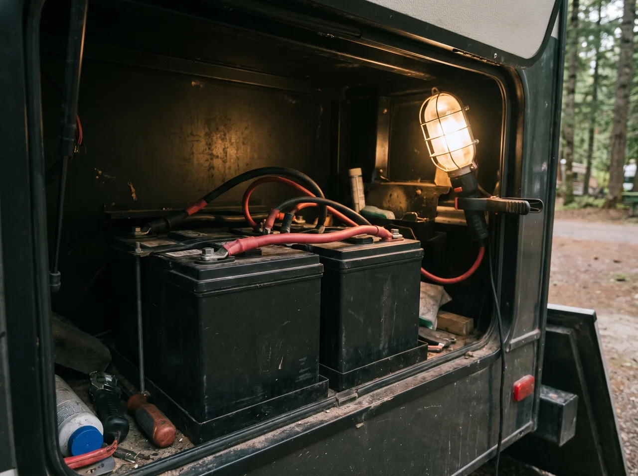 Two batteries wired in parallel inside an RV compartment, thick red and black cables running between the terminals.