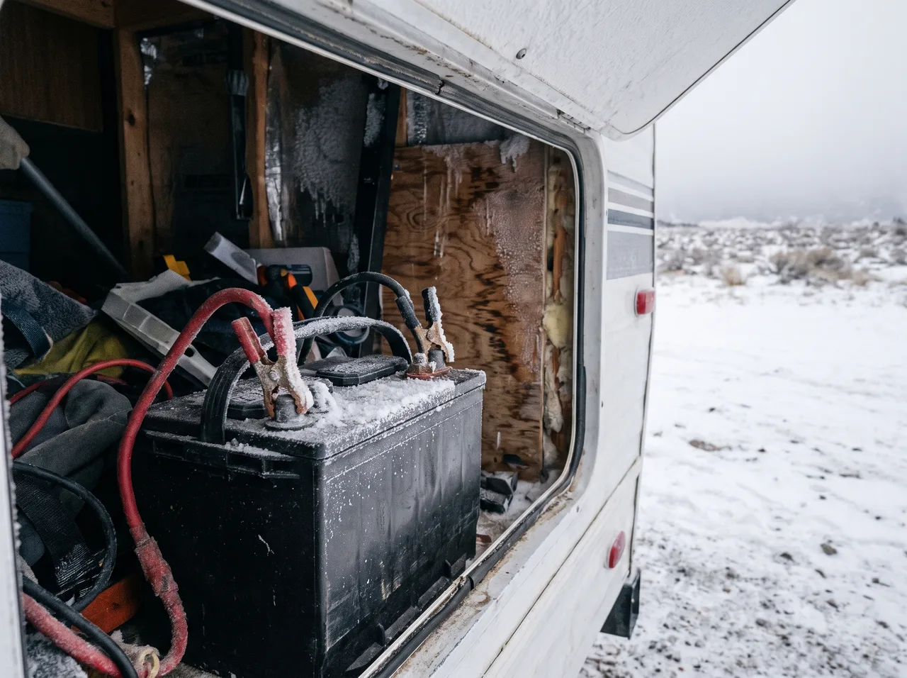 Frost on the terminals of a battery inside an RV compartment on a freezing morning, cables clamped to the posts.