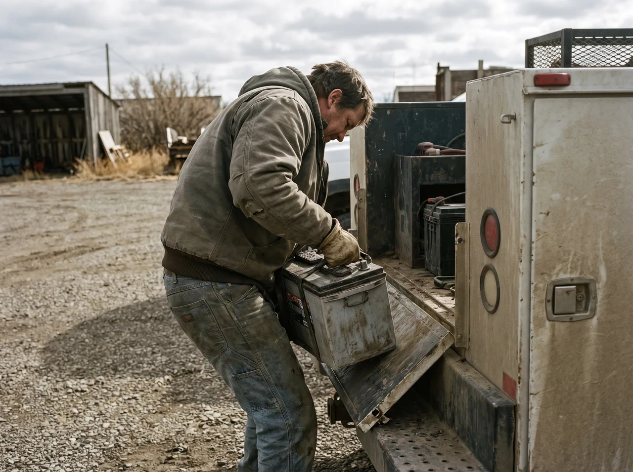 A person lifting a heavy battery out of a compartment with both hands.