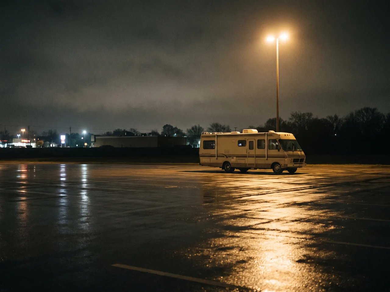 A motorhome parked alone at the far edge of a wet retail parking lot at night, lit by a single light pole.