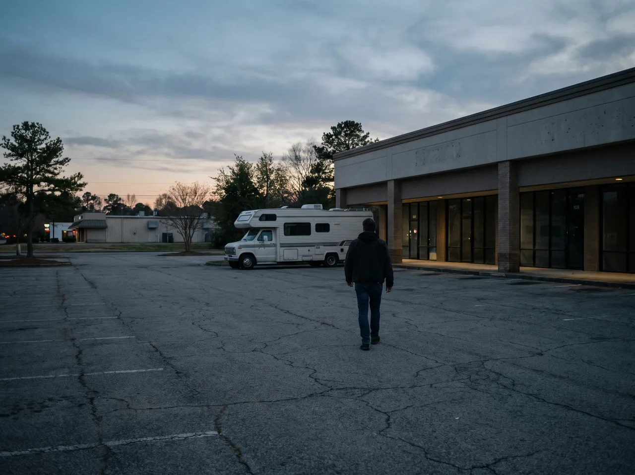A person walking across an empty store parking lot at dusk toward the entrance, a motorhome parked behind them.