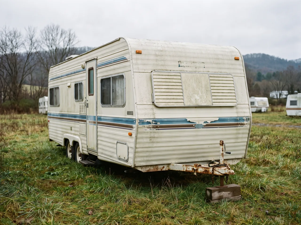 A used travel trailer parked on a grass lot, its decal stripe faded and the sidewall chalky with oxidation.