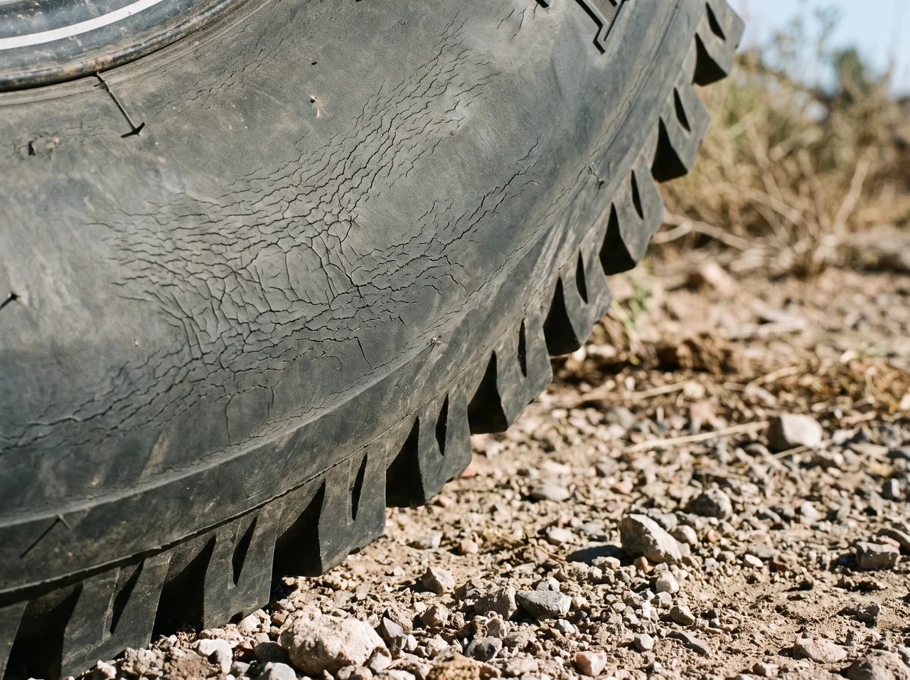 A trailer tire sidewall covered in fine weather cracking while the tread is still deep.