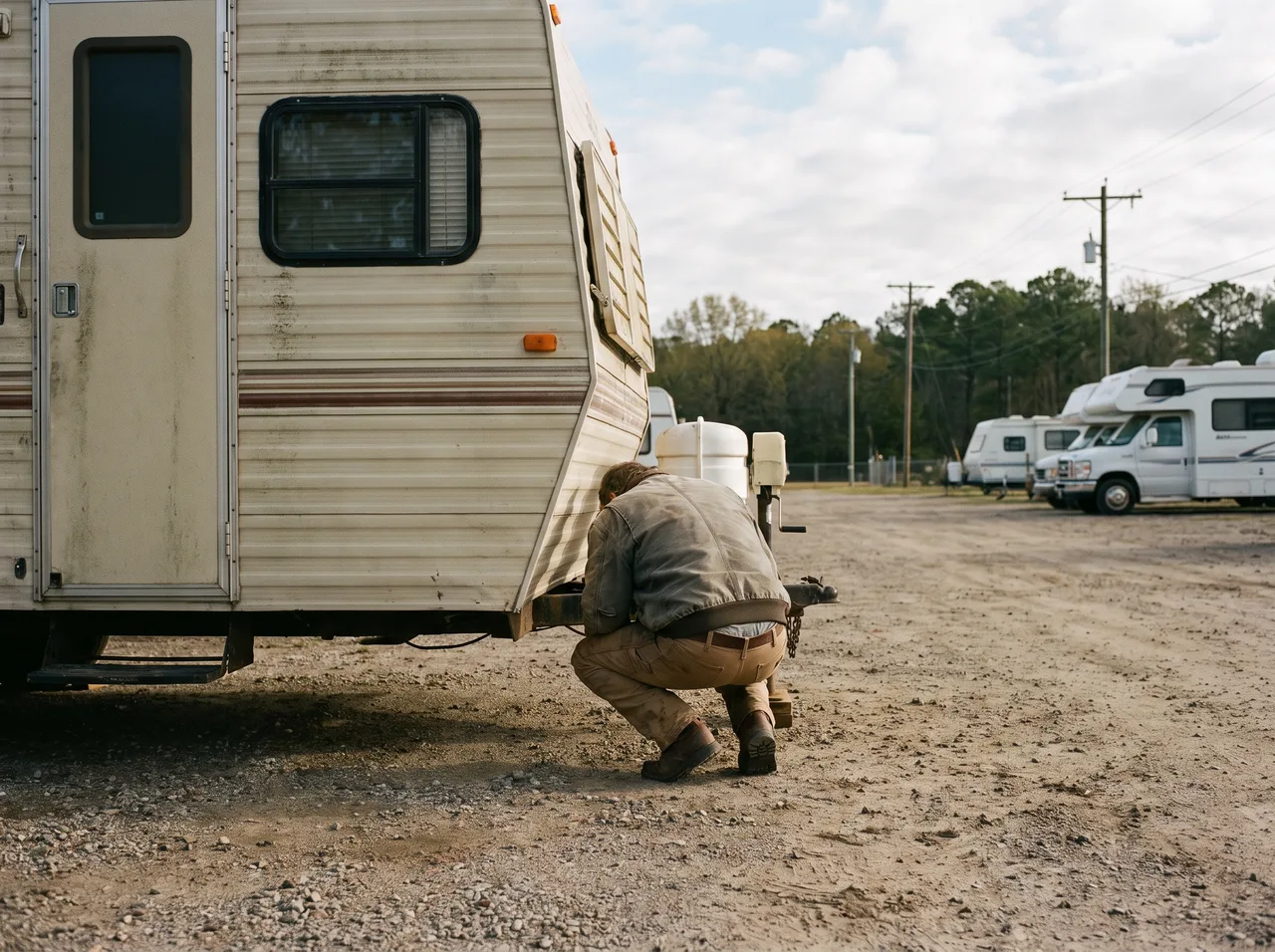 A person crouching at the corner of a travel trailer to look underneath the body.