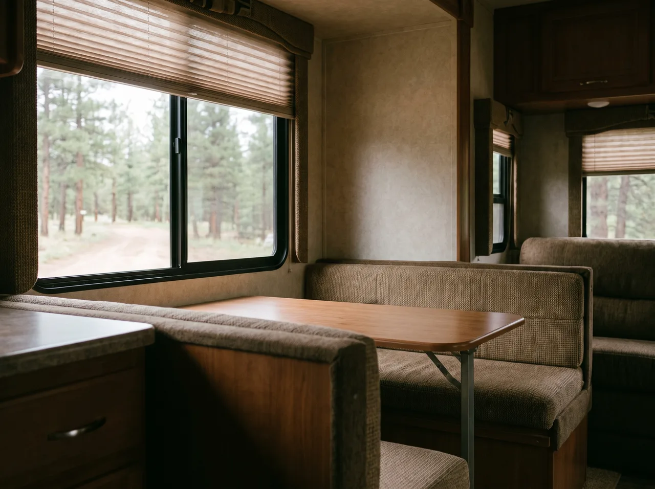 The interior of a small travel trailer looking toward the dinette, with cushions and window blinds.