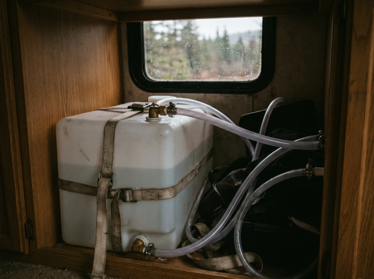 A white plastic fresh water tank strapped down inside a camper van cabinet, hoses running off the fittings.