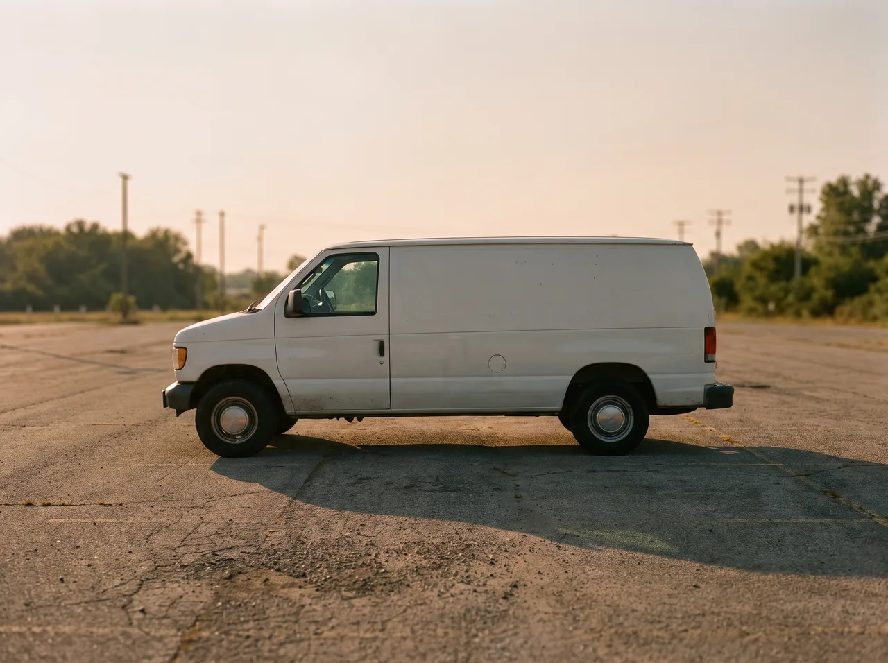 A plain white cargo van seen in profile on an empty asphalt lot.