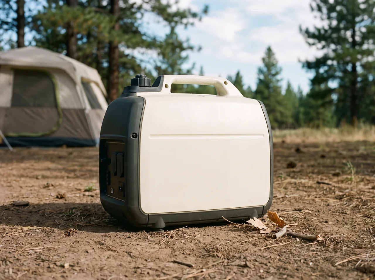 A portable inverter generator standing on packed dirt at a campsite in morning light.