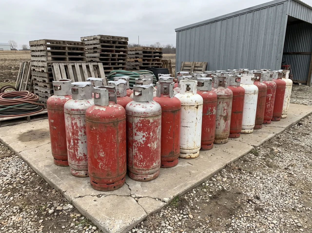 Propane cylinders standing in a row on a concrete pad outside a rural supply yard.