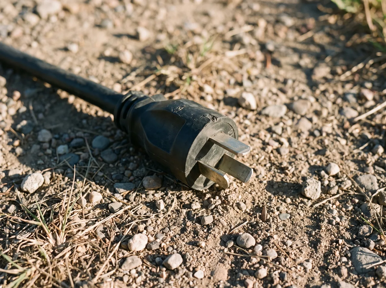 The end of an RV power cord lying on gravel, its flat blades set at an angle in a molded rubber plug.