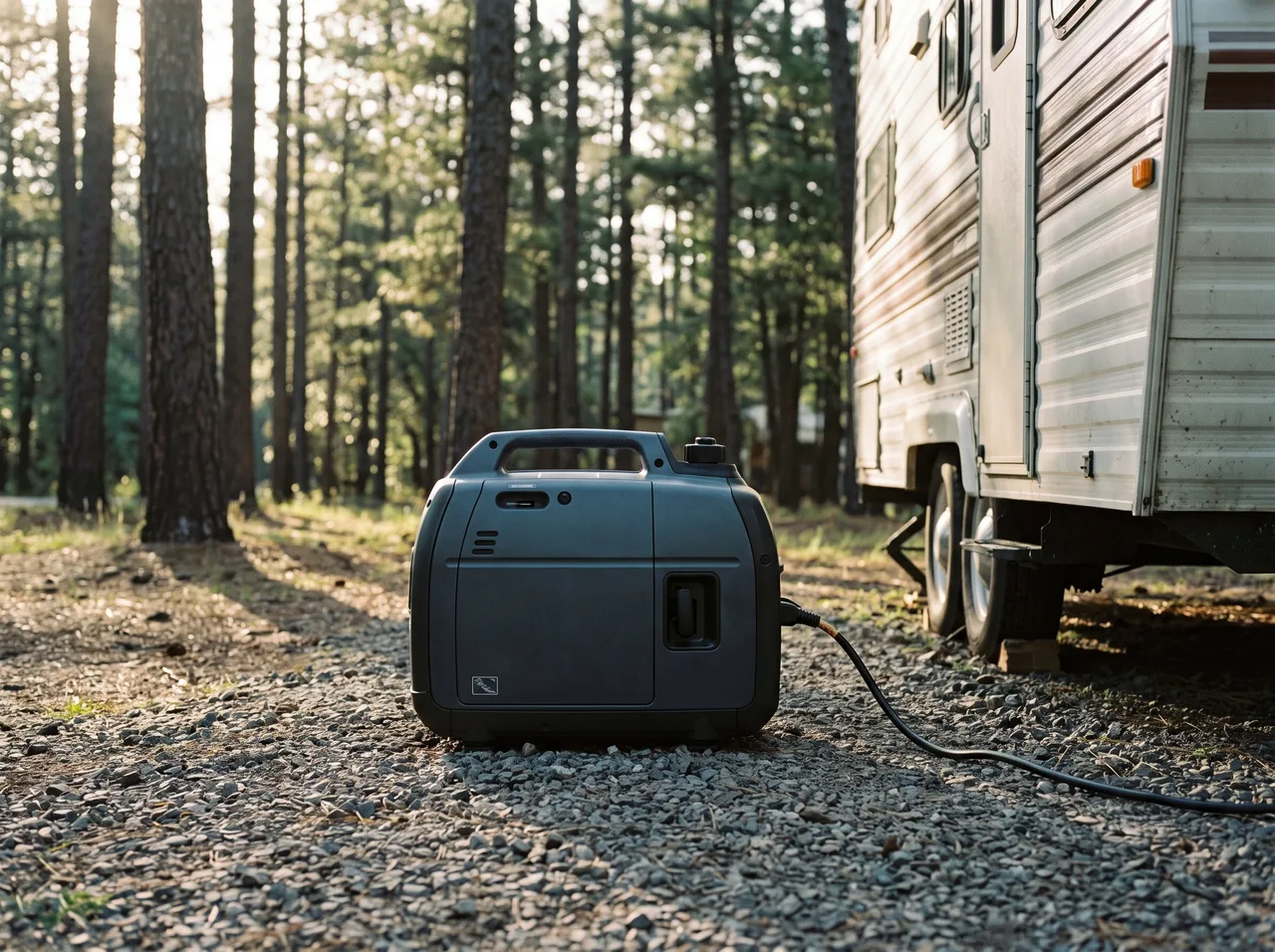 An enclosed inverter generator running on gravel beside a travel trailer, a cord running across the ground toward the trailer.