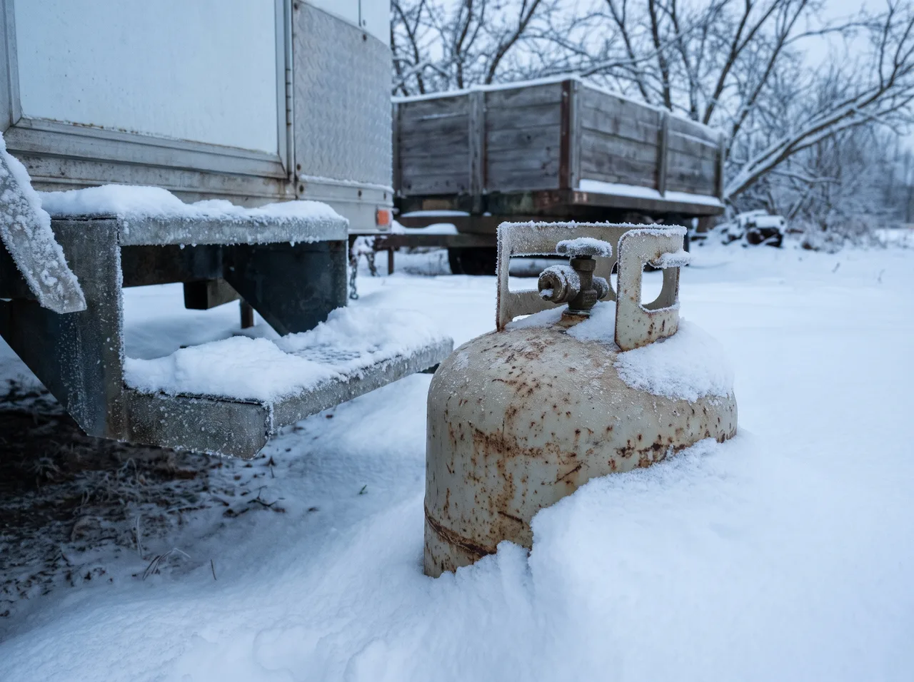 A propane cylinder half buried in fresh snow, frost forming on the valve and collar.