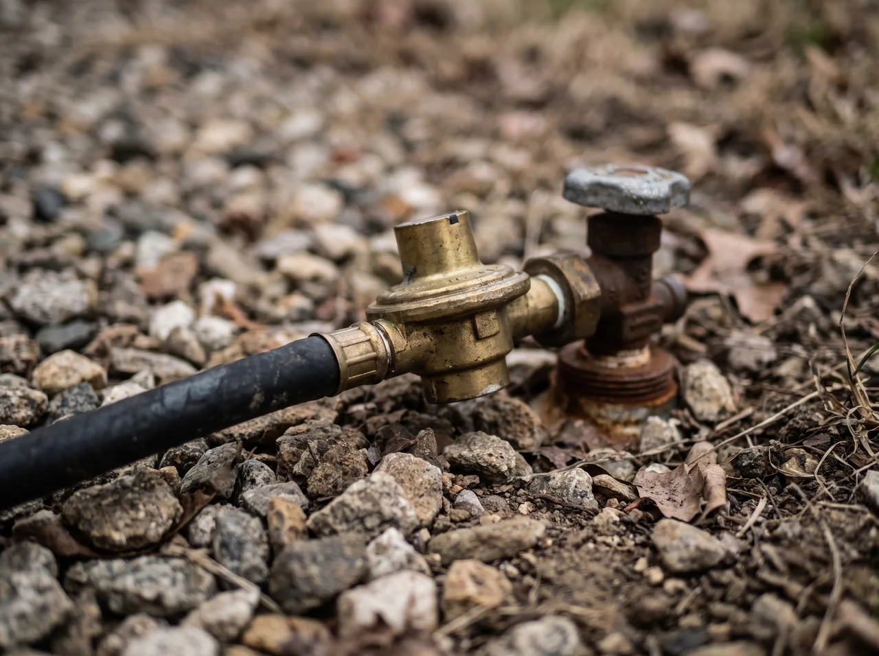 A propane regulator and hose connected to a cylinder, the brass fitting in close focus.