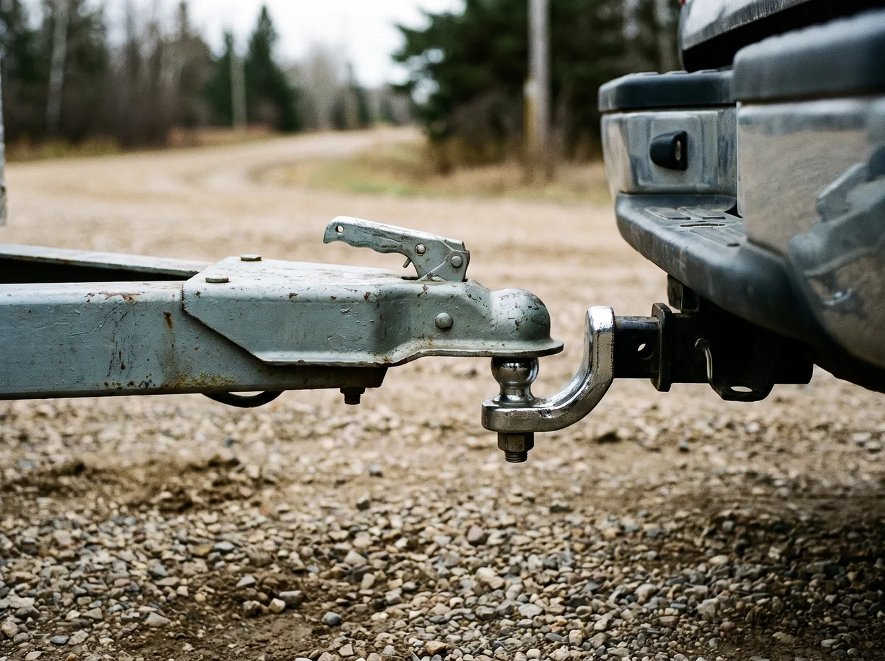 A trailer coupler seated on a ball hitch with the latch closed.