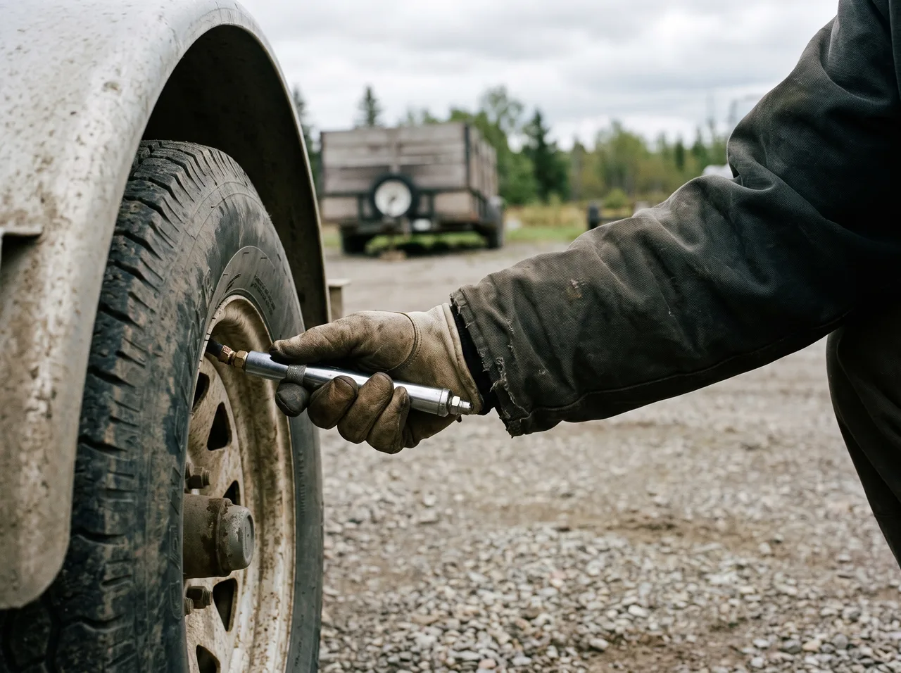 A pressure gauge held against the valve stem of a trailer tire.