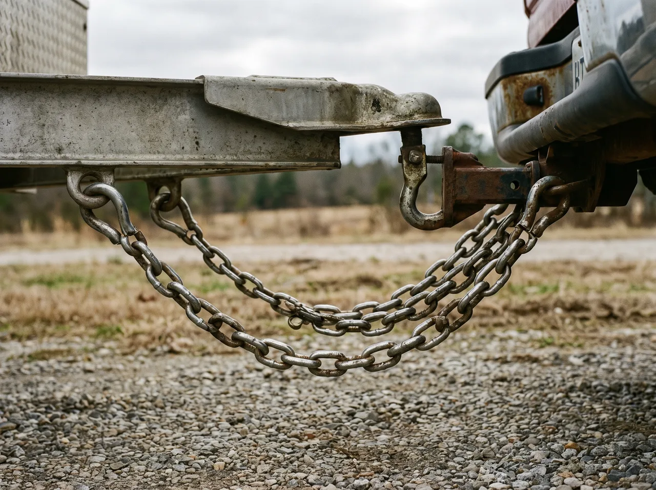 Safety chains crossed beneath a trailer tongue and hooked into the hitch receiver.