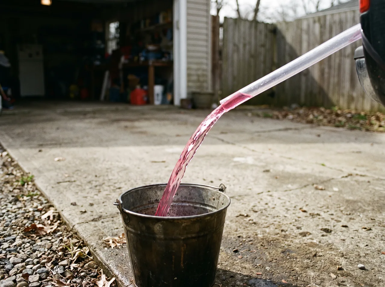 Pink antifreeze running from a clear hose into a metal bucket on a driveway.