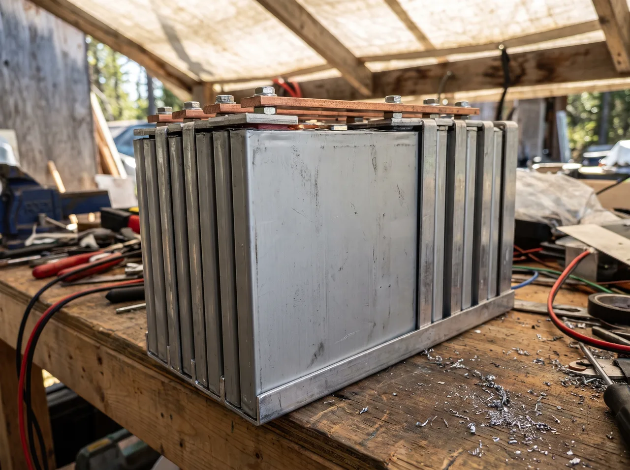 Flat prismatic battery cells clamped in a frame with a metal busbar running across the tops.