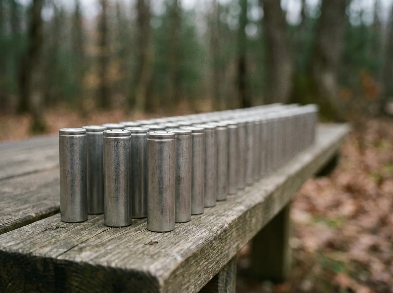 Cylindrical battery cells standing upright in a row on a workbench.