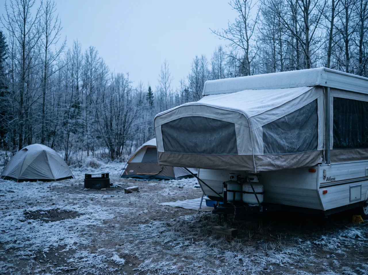 A frozen campsite at first light, frost across the ground and along a trailer roof.