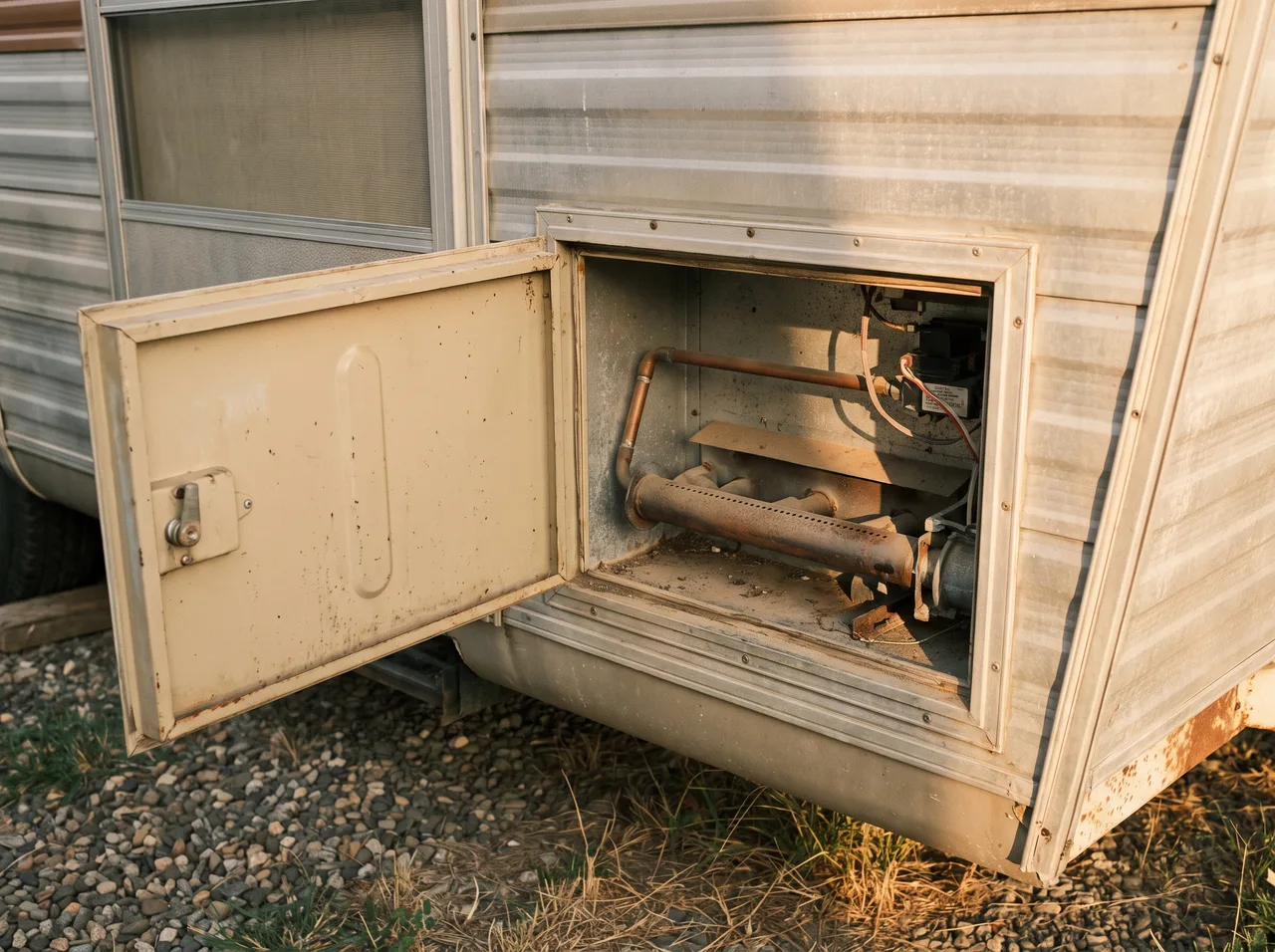 An RV water heater access panel standing open on the side of a travel trailer, the burner tube visible in the recess.
