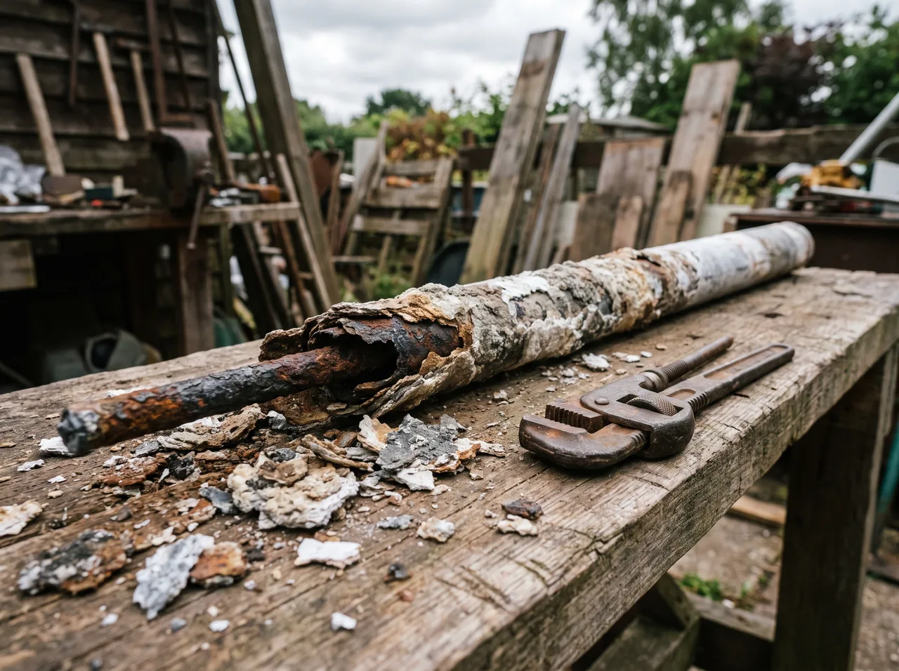 A corroded anode rod on a workbench, eaten down to its steel core wire, with scale flakes scattered around it.