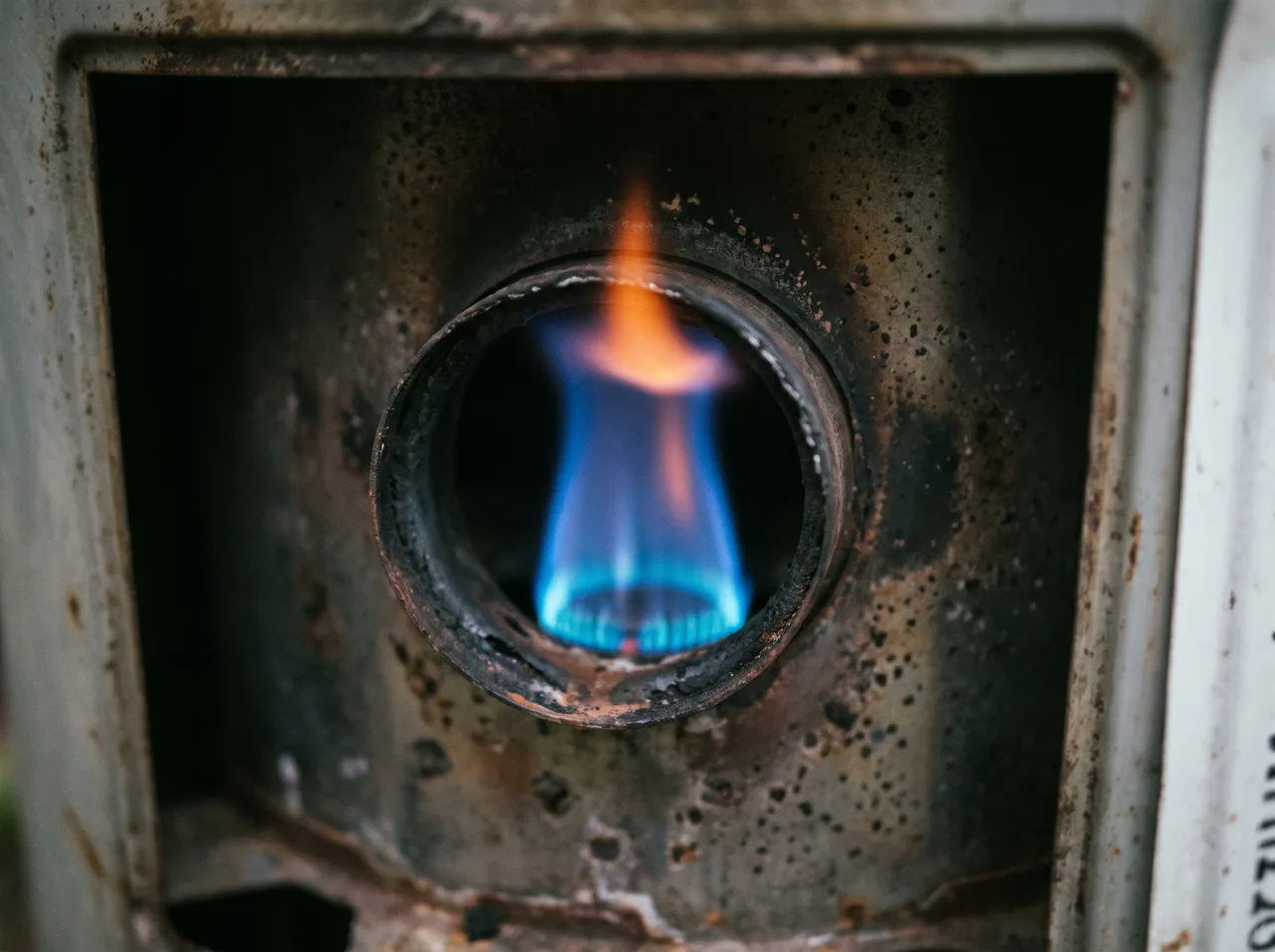 A blue burner flame inside the combustion tube of a water heater.