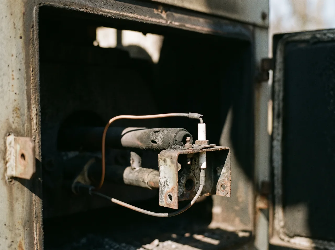 A pilot burner assembly in close focus, its electrode mounted on a sooted bracket.