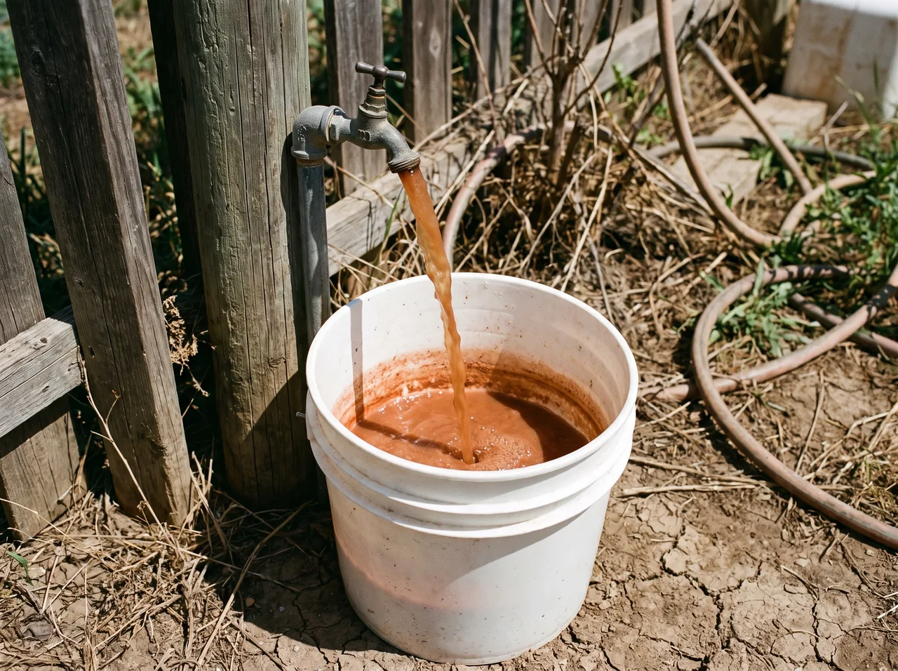 Rust colored water running from an outdoor faucet into a white bucket, sediment settling in the bottom.