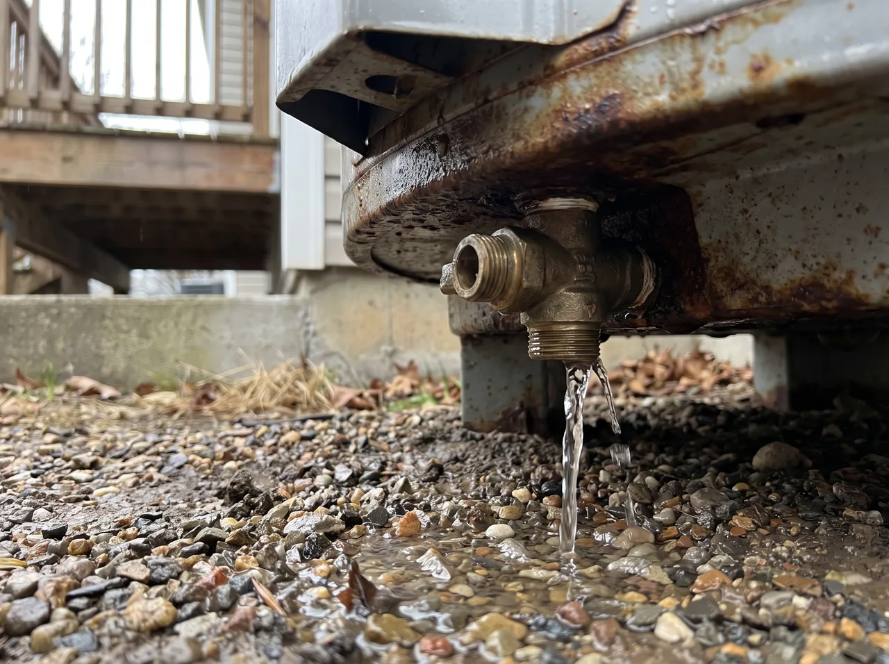 Water streaming from the drain valve on the underside of a water heater onto gravel.