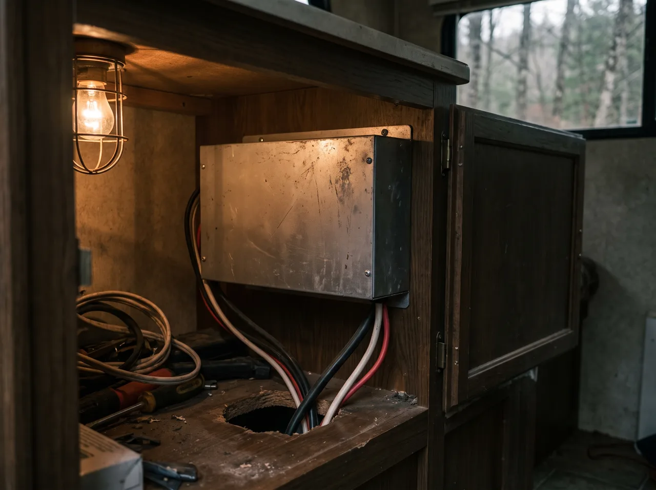 An RV converter charger mounted inside a cabinet with wiring entering from below.