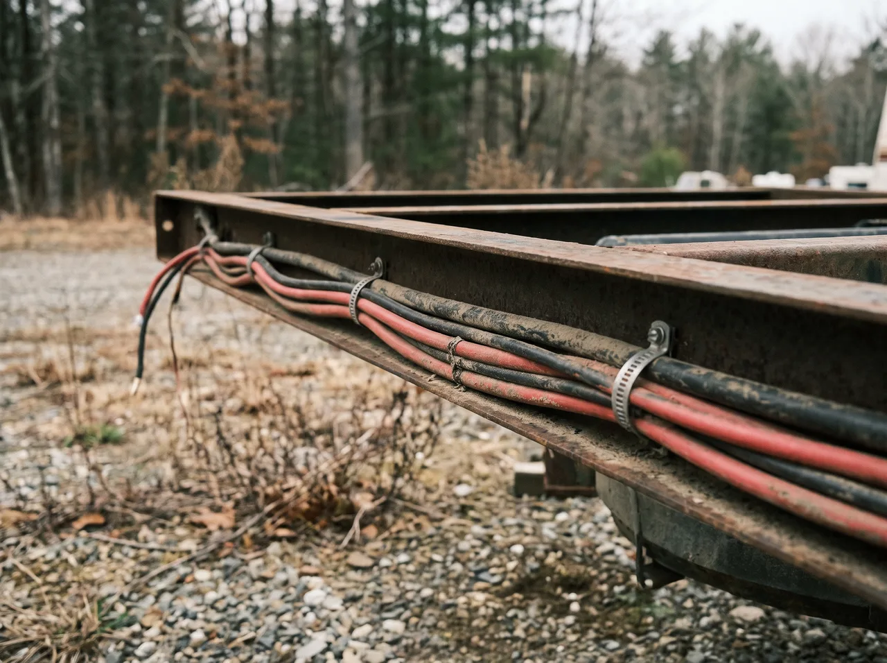 A twelve volt wiring bundle running along an RV frame member, secured under clamps.