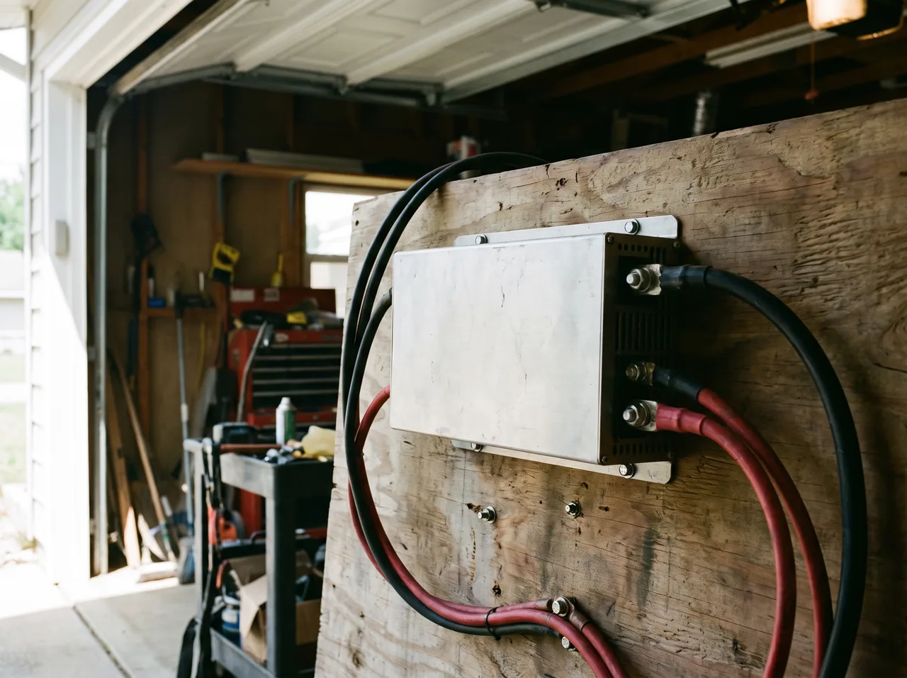 A power inverter mounted on a plywood panel with heavy cables bolted to its terminals.