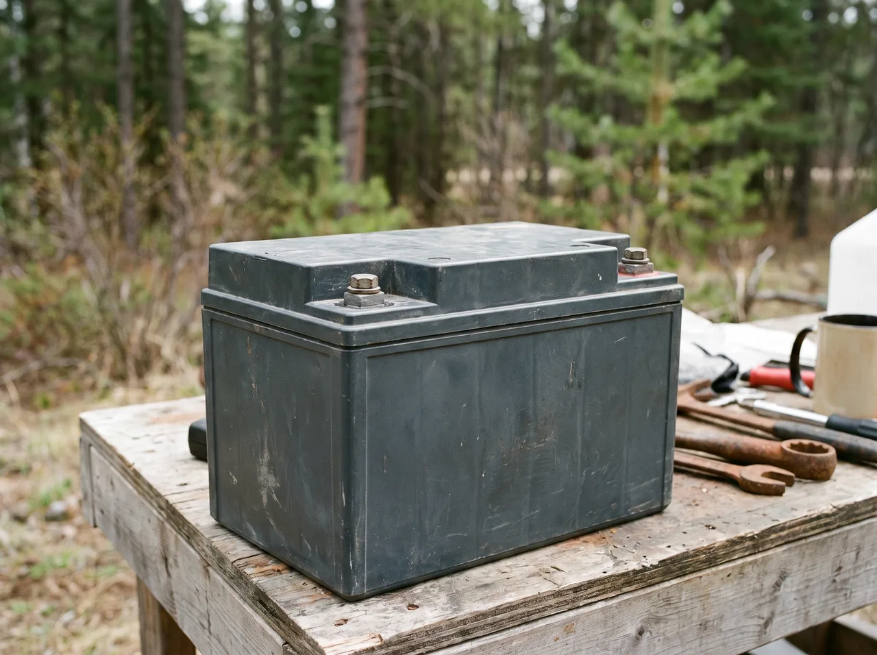 A sealed battery standing on a workbench, its top flat and unbroken with no removable caps.