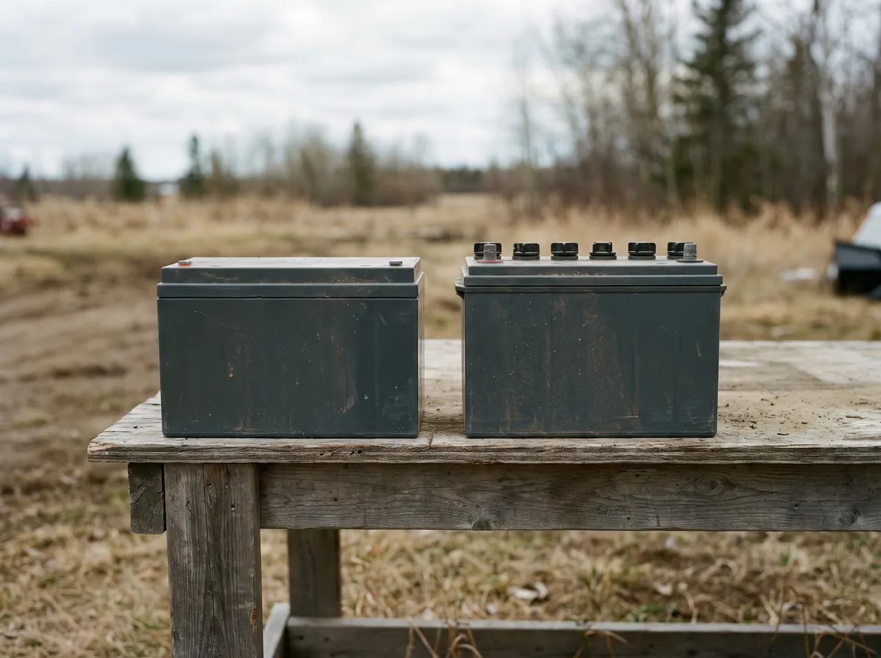 Two batteries side by side on a bench, one sealed flat and one with a row of removable vent caps across the top.
