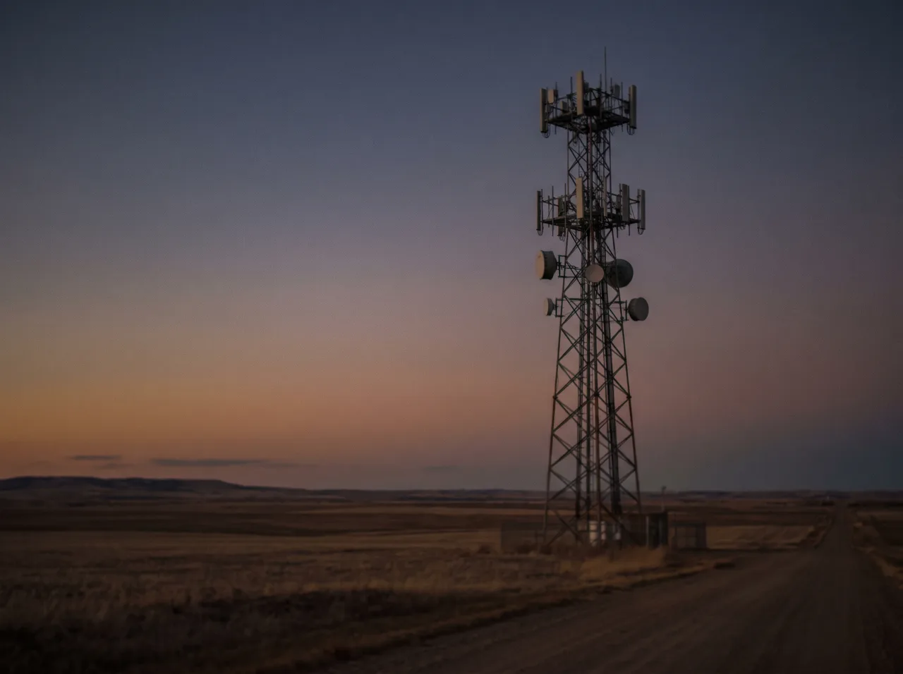 A cell tower against an open sky at dusk, its lattice mast carrying antenna arrays.