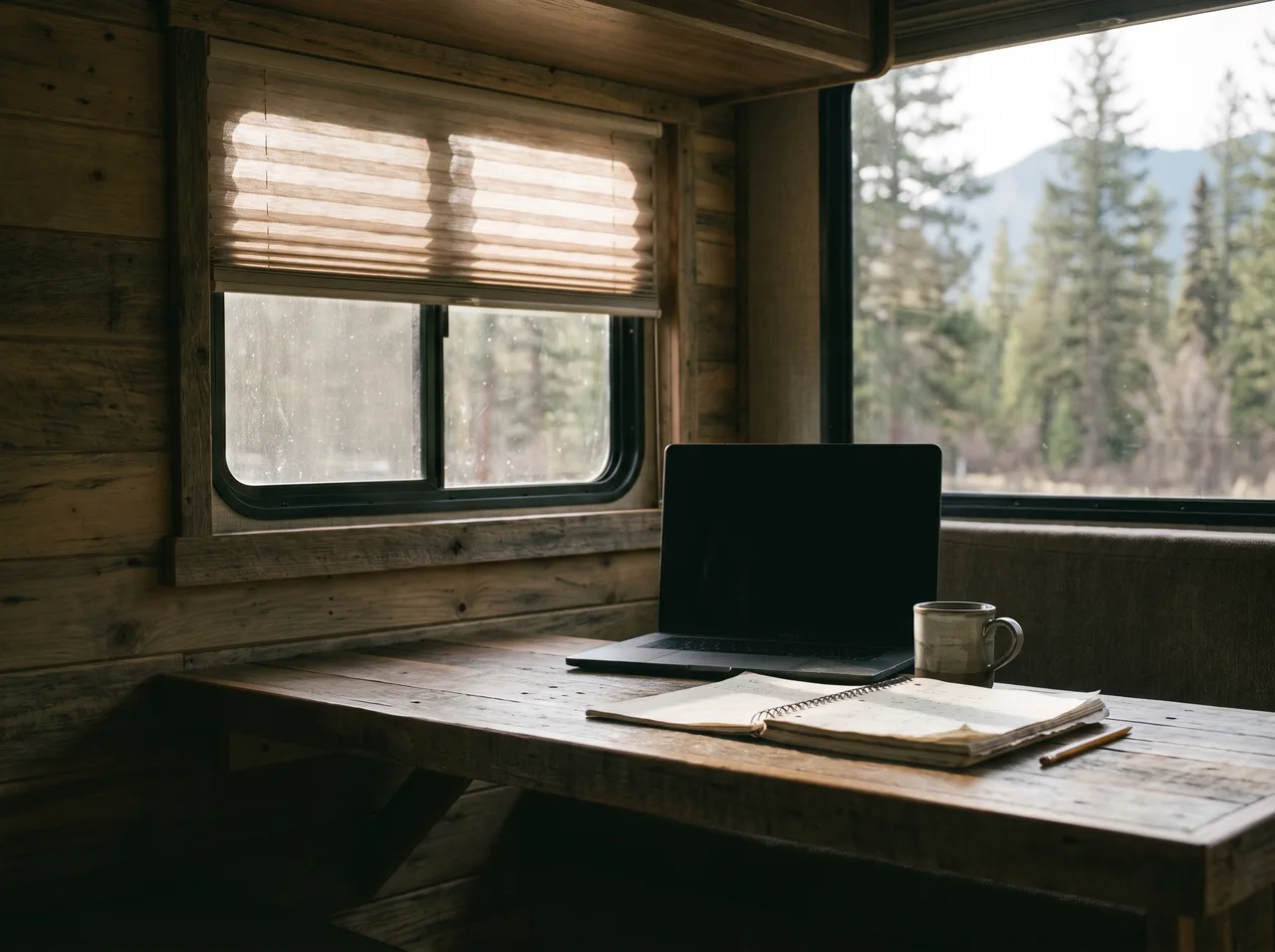 A work desk inside a camper with a laptop and a notebook below the window.
