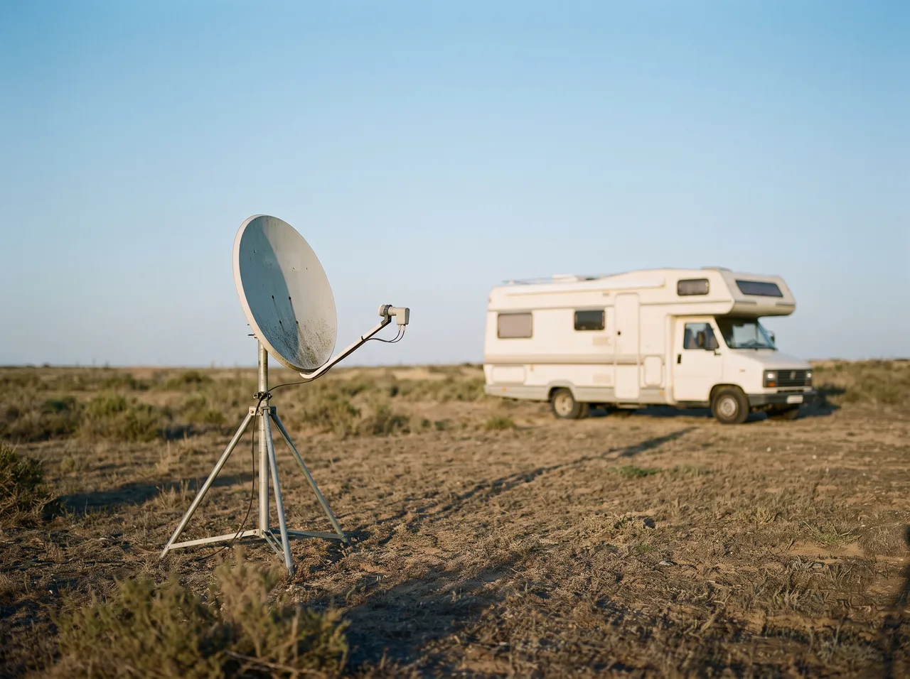 A satellite dish on a tripod standing on open ground beside a camper, aimed at a clear sky.