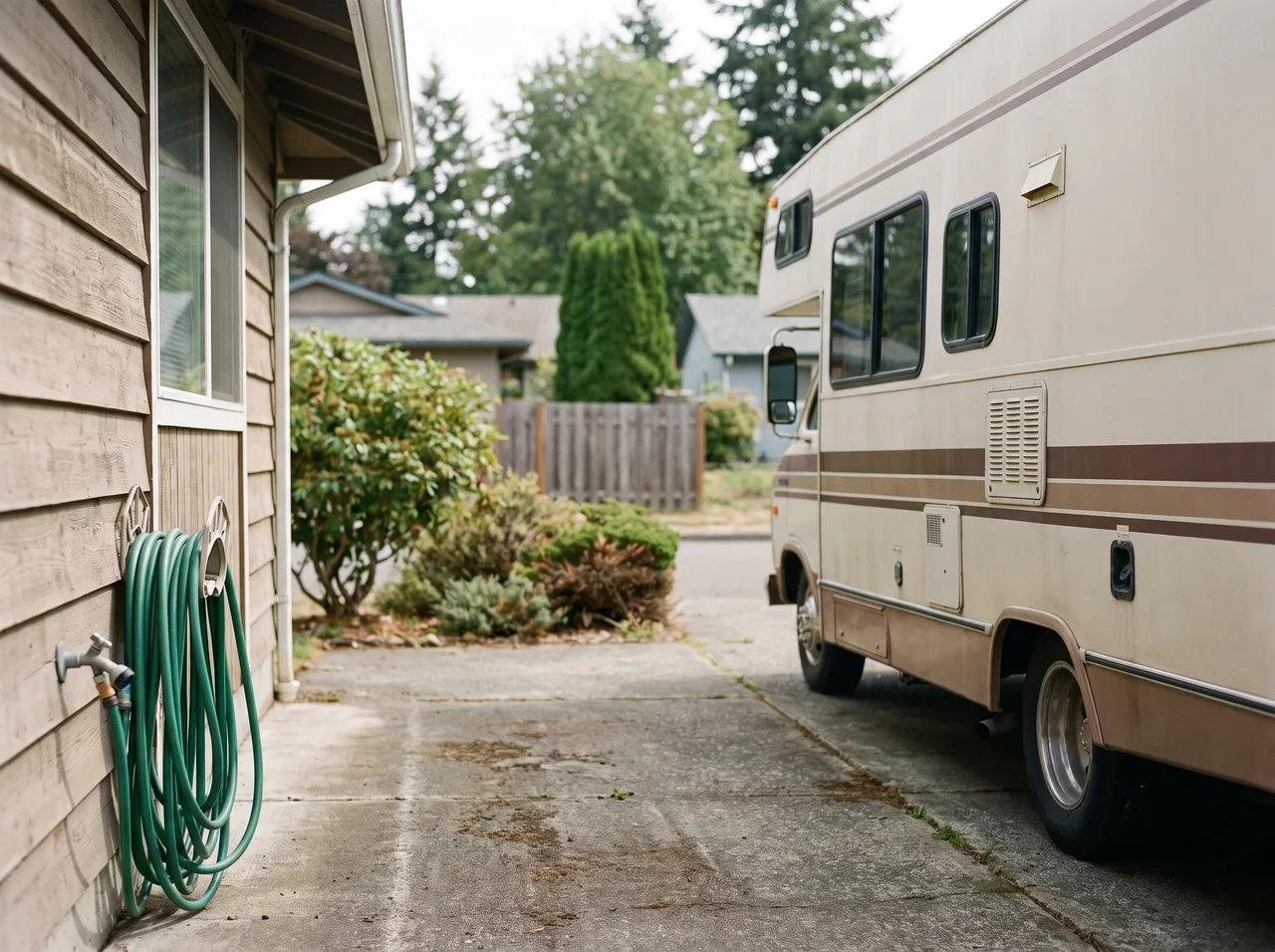 A motorhome parked alongside a house on a concrete pad, a garden hose coiled on the wall.