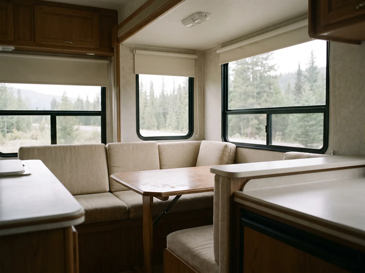 The interior of a motorhome after a handover, cushions straightened and the surfaces clear.