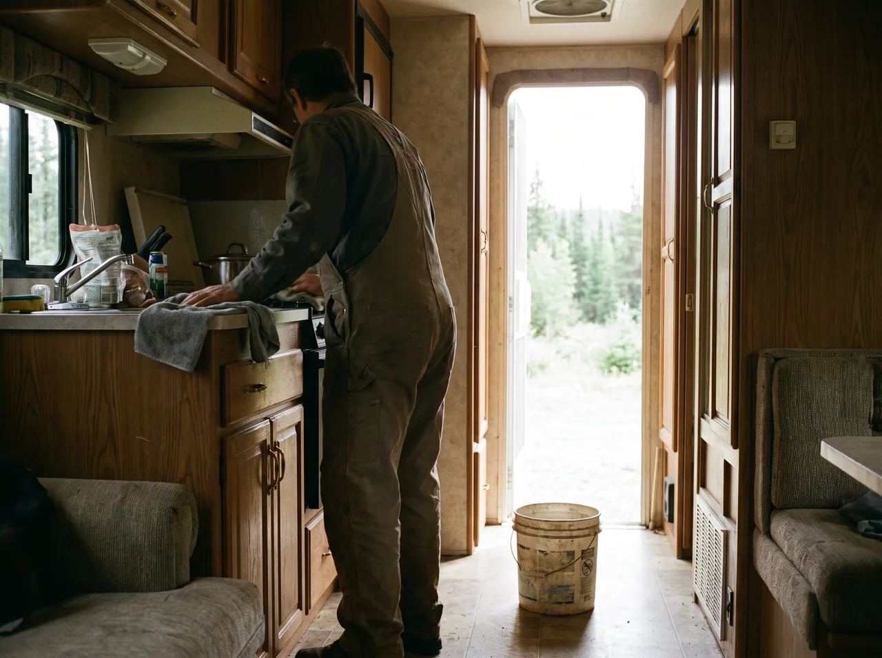 A person wiping down the interior counter of a motorhome, a bucket on the floor beside them.
