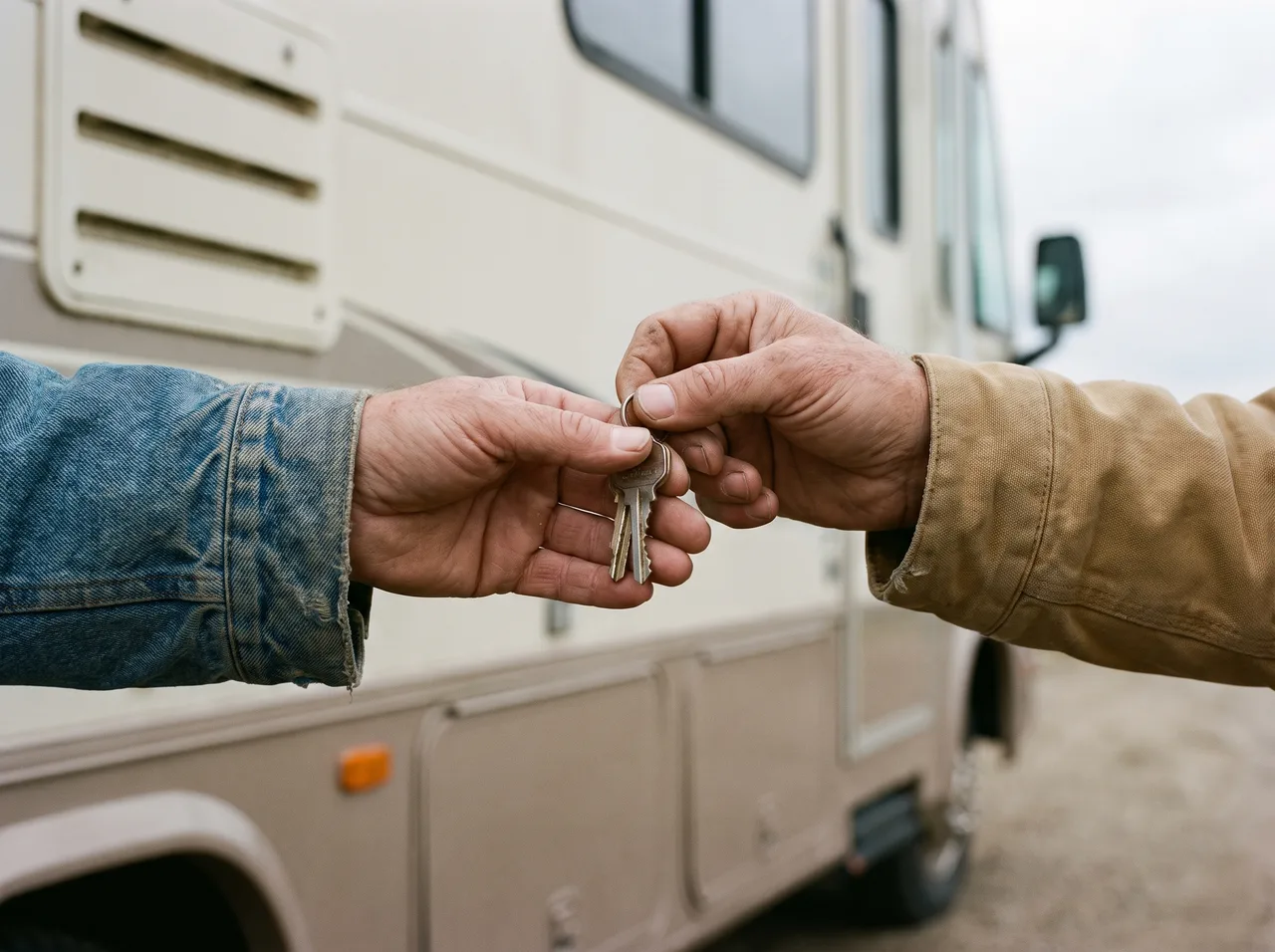 A set of keys passing between two hands beside a parked motorhome.