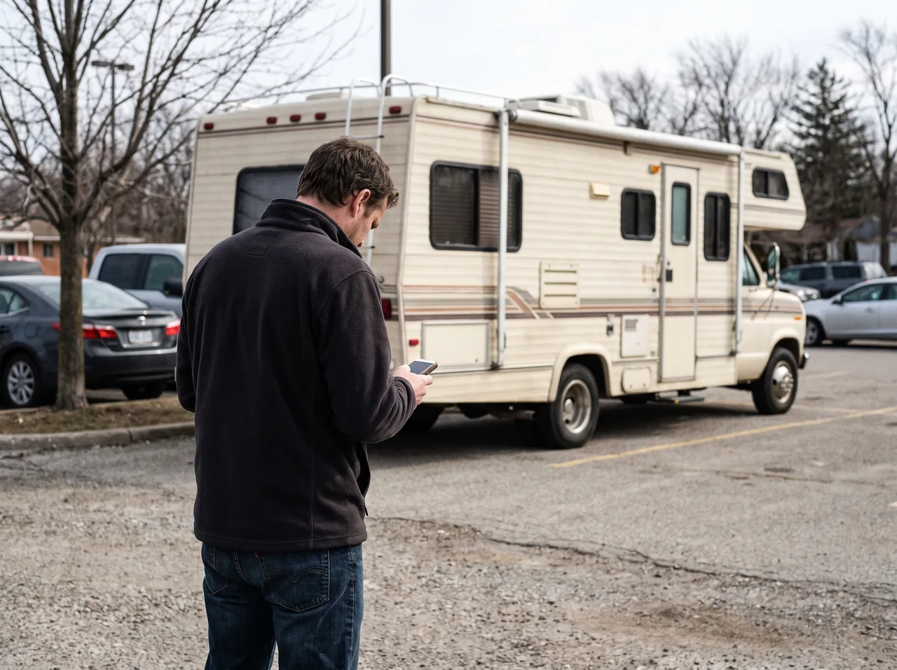 A person standing beside a motorhome in a parking lot, looking down at a phone.