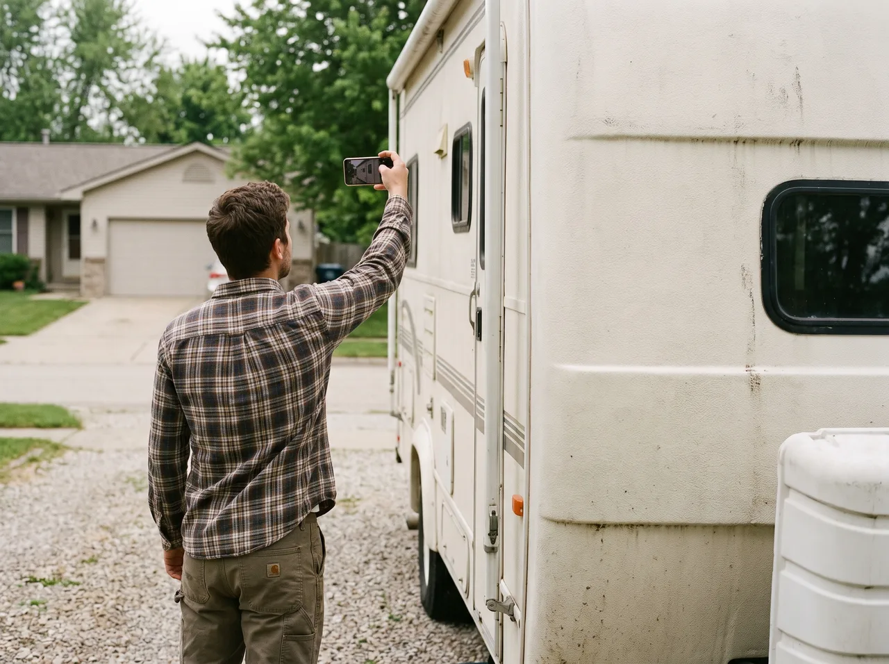 A person photographing the side panel of a motorhome with a phone before a trip.