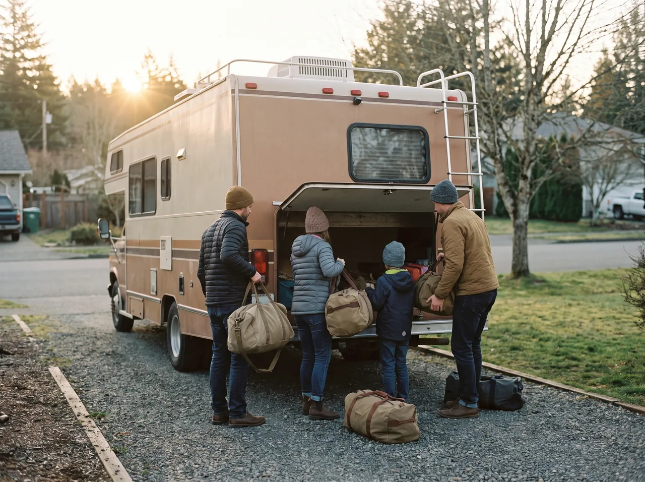 A family loading duffel bags into a motorhome in a driveway.