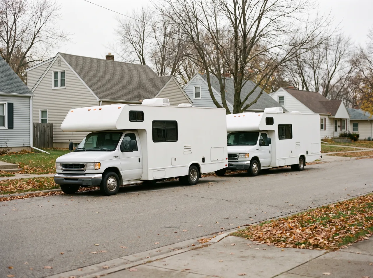 Two motorhomes of similar size parked one behind the other along a residential street.